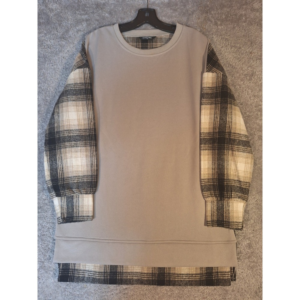 Chicme Womens Plaid Mixed Media Tunic Top Taupe Long Sleeve Sweatshirt Medium